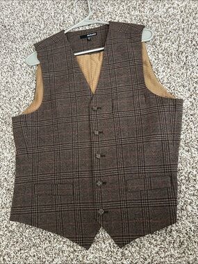 Murano Brown Plaid Wool Blend Vest with Tan Lining